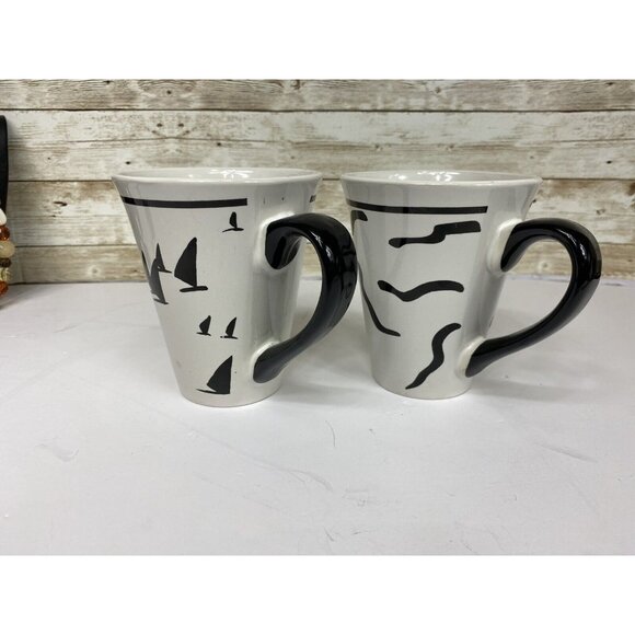 Pair Croix Du Sud Large Ceramic Mugs Coffee Cup B&W Sailboats Abstract Lot 2 - Picture 4 of 11